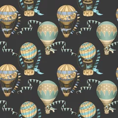 Photo sur Plexiglas Animaux avec ballon Modèle sans couture avec ballons à air chaud festifs dessinés à la main sur fond sombre