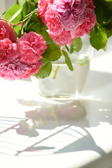 Delicate pink tea roses and a shadow from the cage with birds. very bright tender photo