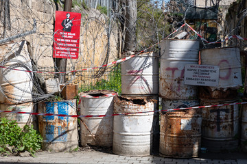 Barrels separating the two parts of Nicosia in Cyprus