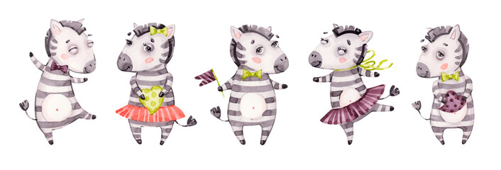 Fototapeta premium Cute baby zebra portrait set. Watercolor nursery cartoon jungle animals horse. Adorable Nurseries safari set isolated on white background, banner. Hand painted watercolour baby zebra clip art