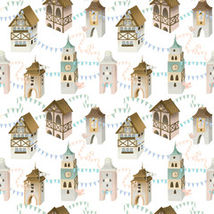 Seamless pattern of cozy bavarian houses with garlands and flags, festive town, hand painted on a white background