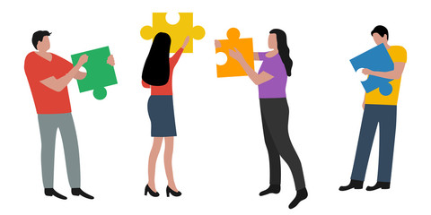 People connected puzzle pieces. Performing work according to the instructions. Joint collaboration of a group of persons. Flat cartoon design, vector illustration