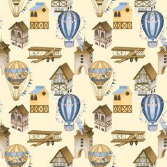 Motif harmonieux de maisons bavaroises, d& 39 avions rétro et de montgolfières, peints à la main sur fond beige
