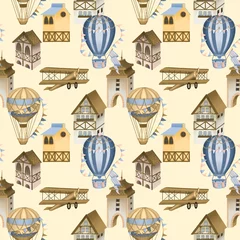 Gordijnen Naadloos patroon van Beierse huizen, retro vliegtuigen en heteluchtballonnen, met de hand geschilderd op een beige achtergrond © nastyasklyarova