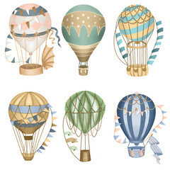 Fototapeta premium Collection of retro hot air balloons, hand drawn isolated on a white background