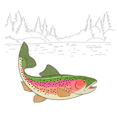 Fishing emote. Rainbow Trout Fish Realistic drawing Vector illustration. American trout swimming in water isolated on white. Fishing theme vector.