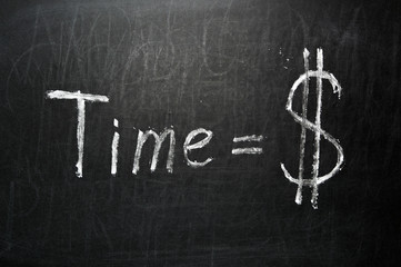 Time is money sign handwritten with white chalk on a blackboard