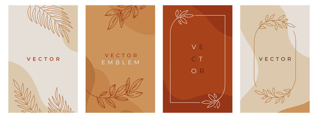 Vector design templates in simple modern style with copy space for text, flowers and leaves - wedding invitation backgrounds and frames, social media stories wallpapers, luxury stationery 