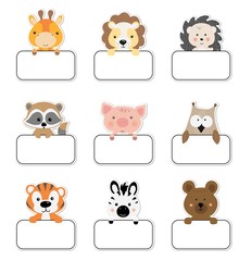 Set cute note and sticker with animals. Template for agenda, planners, check lists, and other stationery.Vector illustration.