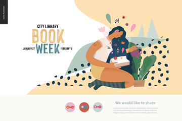 Watering webdesign template -World Book Day graphics -book week events. Modern flat vector concept illustrations of reading people -a brunette girl with watering a plant in the pot, reading a book