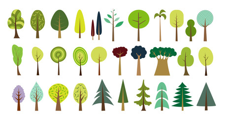 Simple tree set. Vector forest set. Various trees and bushes colorful wood cartoons flat style. Fir, pine, spruce, larch. Conifers and deciduous. Different simple trees and shrubs on white background.