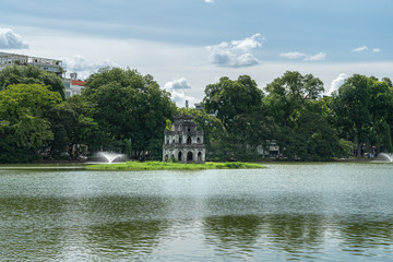 Hoan Kiem lake or Sword lake, Ho Guom in Hanoi, Vietnam with Turtle Tower