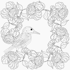 Coloring book with bird, ribbon and flowers.