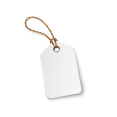 Tag with rope isolated on white background. Luggage label, paper sale or gift empty sticker and string. Vector blank realistic price promo offer element mockup..