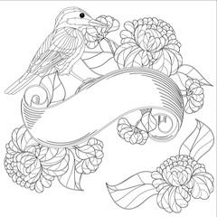 Coloring book with bird, ribbon and flowers.
