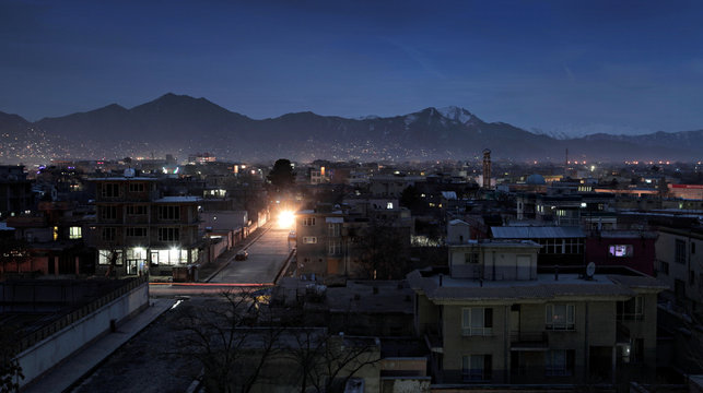 Kabul city downtown in the the late twilight light