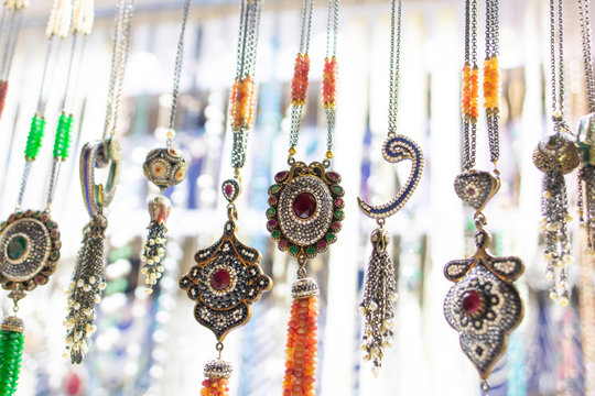 Necklace and bracelet shops in Istanbul's covered bazaar. Close up.