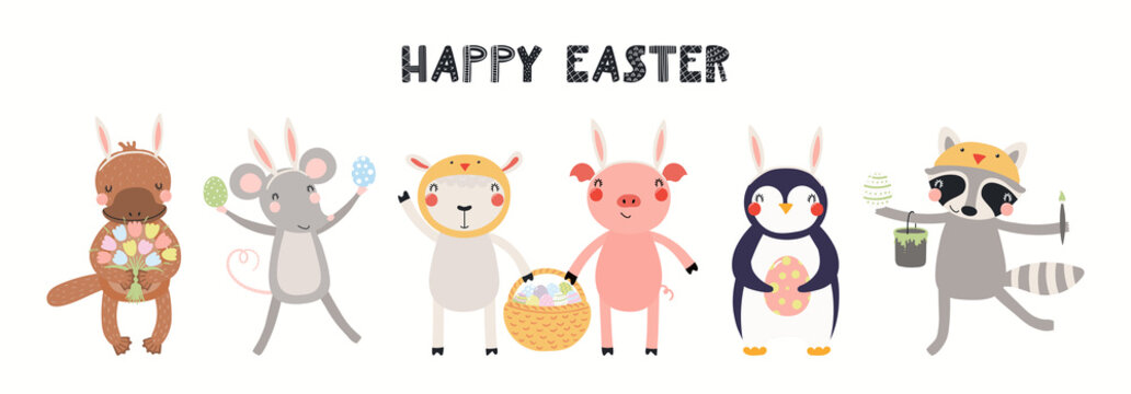 Hand drawn card, banner with cute animals, eggs, text Happy Easter. Vector illustration. Isolated on white background. Scandinavian style flat design. Concept for kids holiday print, invite, gift tag.