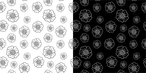 Fototapeta na wymiar Two patterns of black flowers on a white background and white on black. Vintage texture. Retro style background. Decorative floral pattern. Design template. Floral bouquet decoration. Wedding concept
