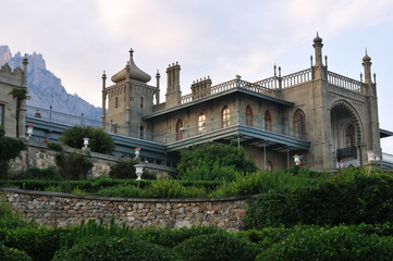 The Vorontsov Palace or the Alupka Palace situated at the foot of the Crimean Mountains near the town of Alupka in Crimea
