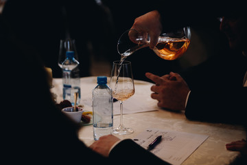 White and rose wine close up view glass and carafe wine. 