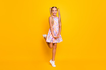 Full body photo of beautiful small lady tourist good mood pretty long tails playful walk street wear plaid summer dress white sneakers isolated yellow vibrant color background