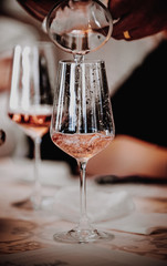 White and rose wine close up view glass and carafe wine. 