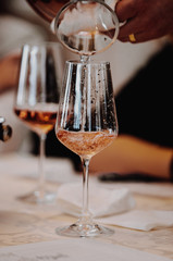 White and rose wine close up view glass and carafe wine. 
