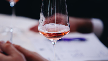 White and rose wine close up view glass and carafe wine. 