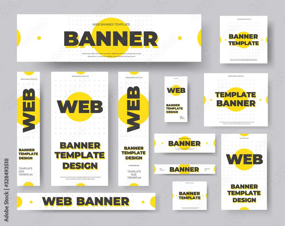 Poster Rectangular, square, horizontal and vertical vector web banners with yellow circles on a white background.