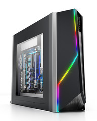 Modern PC case with RGB LED lights. 3D illustration
