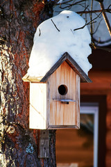 Wooden birdhouse in the backyard with snowdrift on the roof hanging on the tree branches