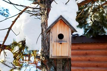 Wooden birdhouse with snowdrift on the roof hanging on the tree in the back yard