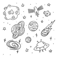 Vector of hand draw set of space icon.Space doodle vector elements. Hand drawn stars, comets, planets and moon in sky.Abstract solar system. Template.