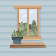 Window with plant. Flat style vector illustration.