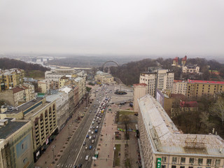 Aerial drone view. View of Khreshchatyk - the central street of Kiev.