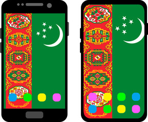 Two black smartphones with a home screen and wallpaper with the flag of Turkmenistan: old model with gray buttons and new model without buttons. Vector graphics, illustration
