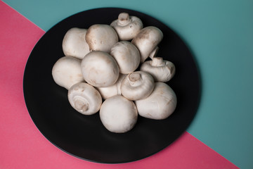 Porcini mushrooms in a black plate on a colored background