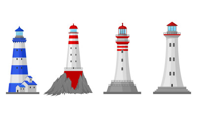 High Lighthouses Isolated on White Background Vector Set