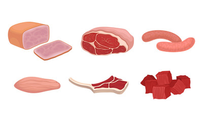 Meat Cuts in Assortment with Rib Roast and Bacon Slab Vector Set