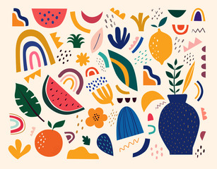 Cute abstract doodle spring pattern with abstract elements. Decorative abstract illustration with colorful doodles. Hand-drawn modern illustration with spring flowers, leaves and abstract elements