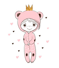 Cute little girl dressed as a teddy bear. Hand drawn linear drawing of a funny princess for design, nursery, baby shower, t-shirt. Doodle illustration isolated on white background.