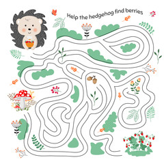 Educational game for children with a cute hedgehog. A fun maze for young children. Cartoon vector illustration.