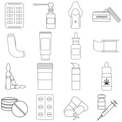 black and white flat vector set icons of medical preparations