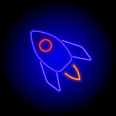 neon blue rocket icon with red window on black background