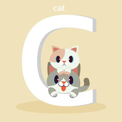 The character of cute cat sitting on the big font of C for a-z theme. the character of cute cat with a font of C in flat vector. The character of cute cat in flat vector style.
