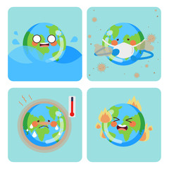 The information of problem with the earth. The character of earth with problem of water flow and dust and heat and fire. The character of cute world or earth in flat vector style.