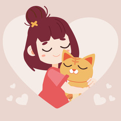 The character of cute cat hugging  with master in the heart and pink background. The character of cute girl and her cat. The character of cute cat and girl in flat vector style. 