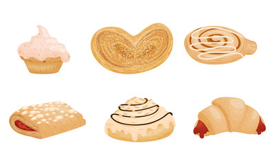 Sweet Pastry and Flour Products Like Creamy Doughnut and Stuffed with Jam Croissant Vector Set