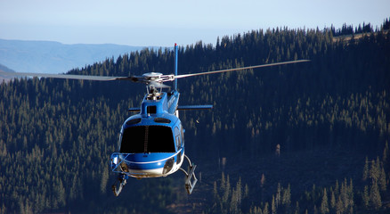 Blue helicopter above the forest